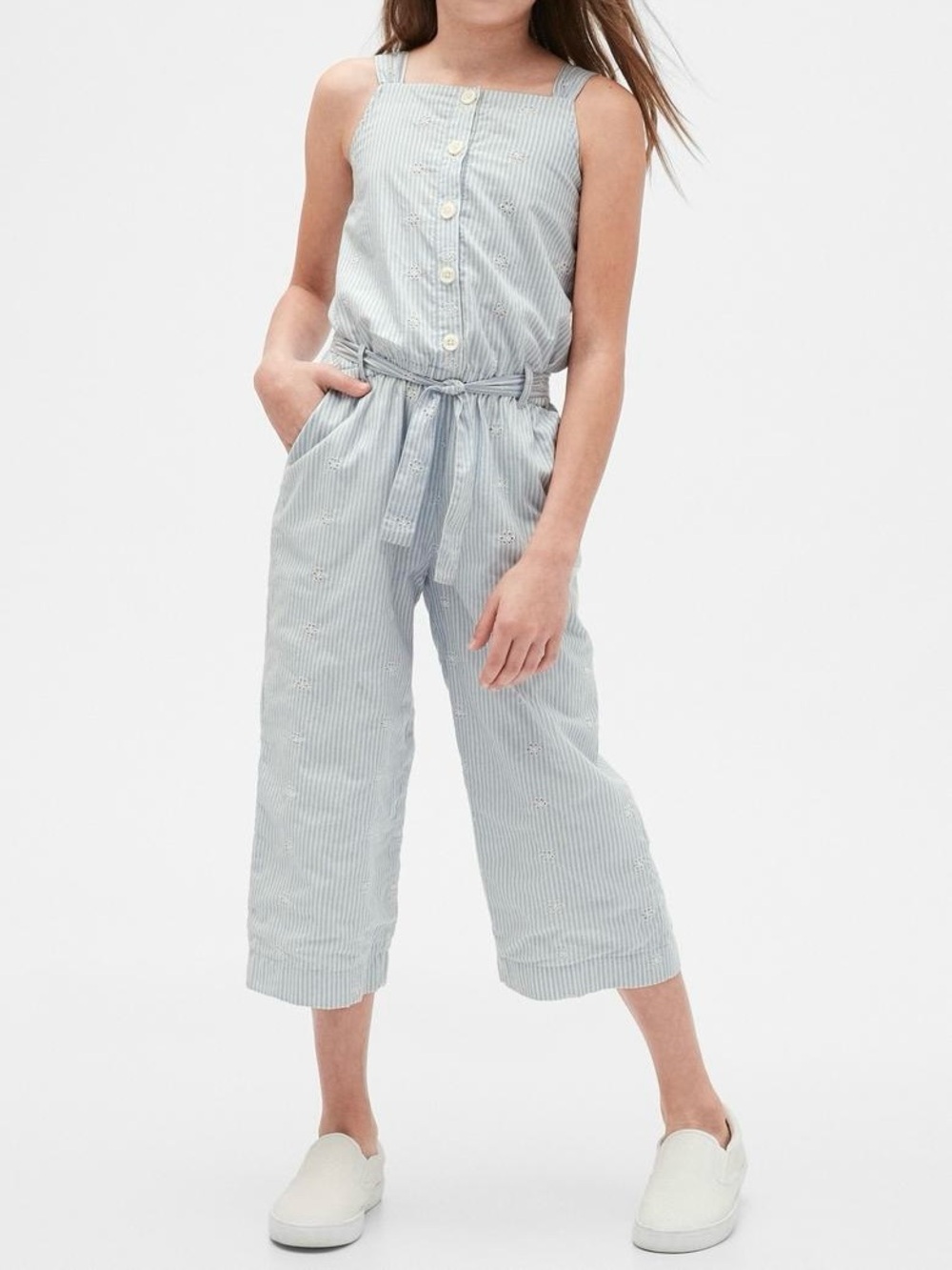 GAP Kids Cottagecore Blue Striped Eyelet Jumpsuit Crop Pant Girls Size L (10)
